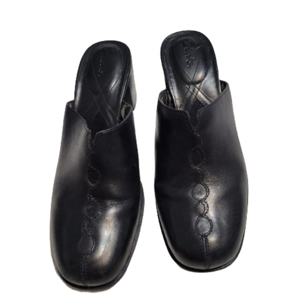 Clarks Women's Size 7.5 M Black Leather Block Heel Slip-On Clogs Shoes